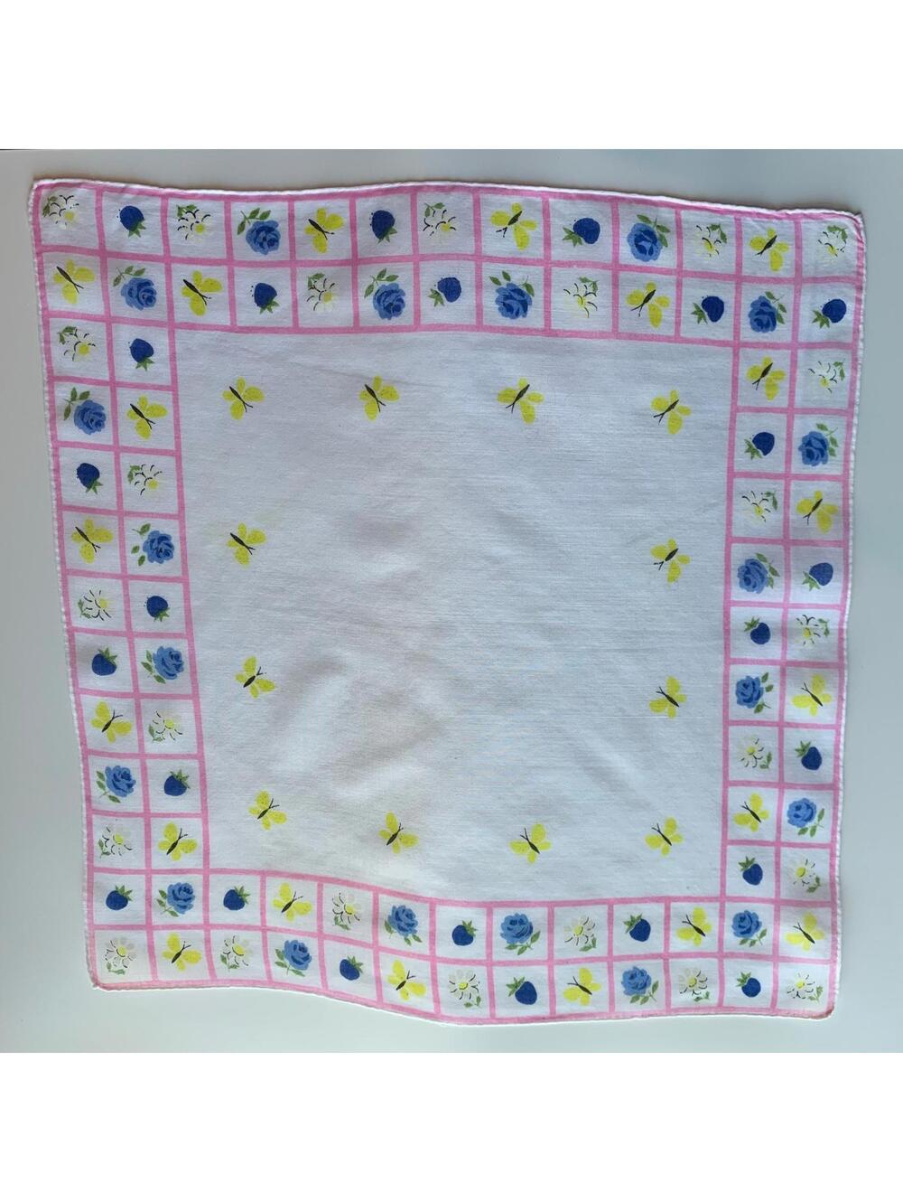 Vintage Cotton Handkerchief: Yellow Butterflies, Pink Grid Border